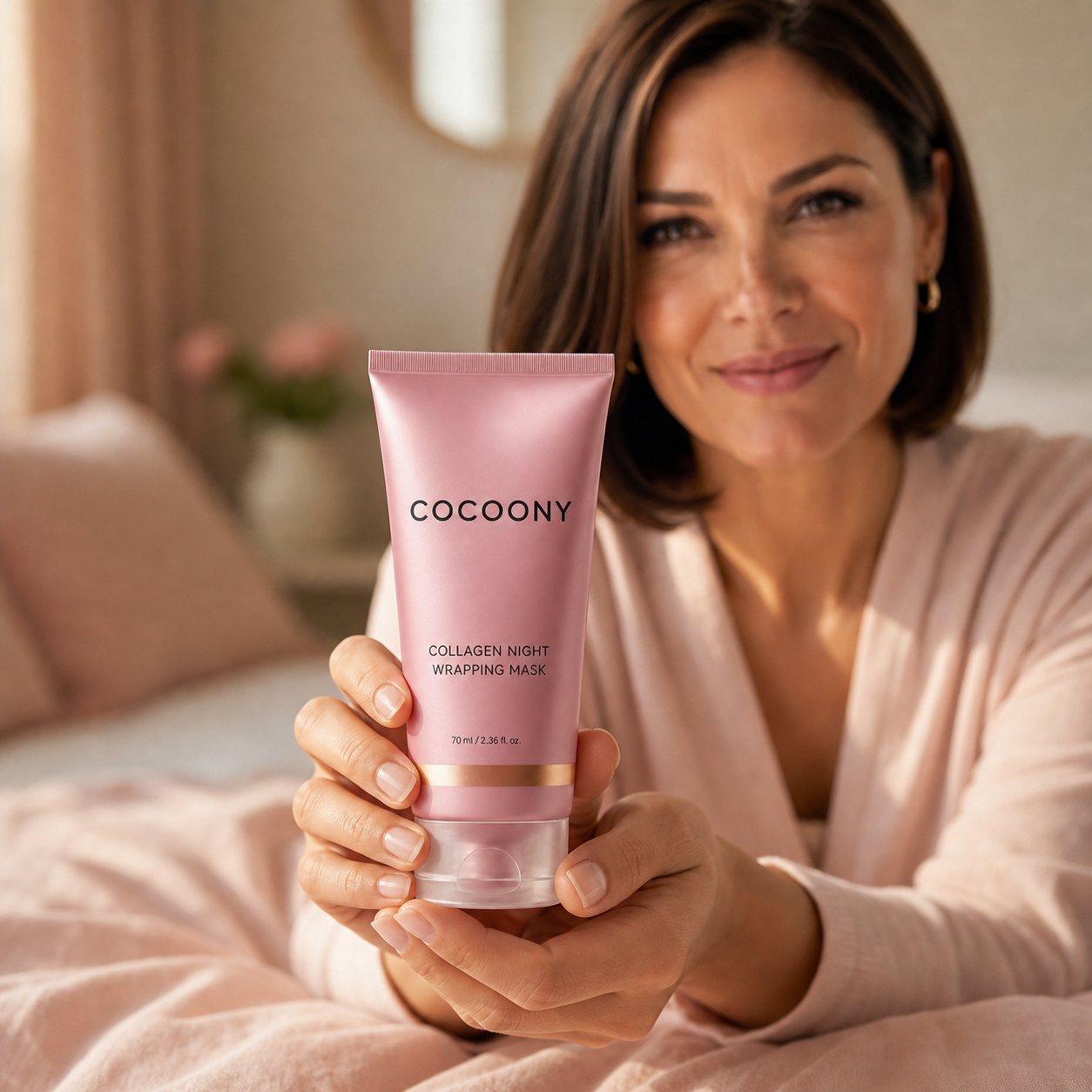 Woman holding Cocoony Collagen Night Wrapping Mask