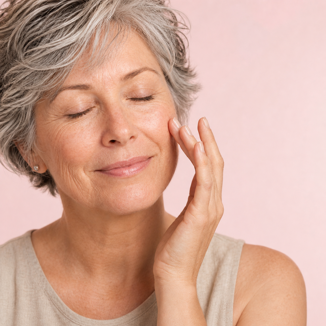 Mature woman touching glowing skin