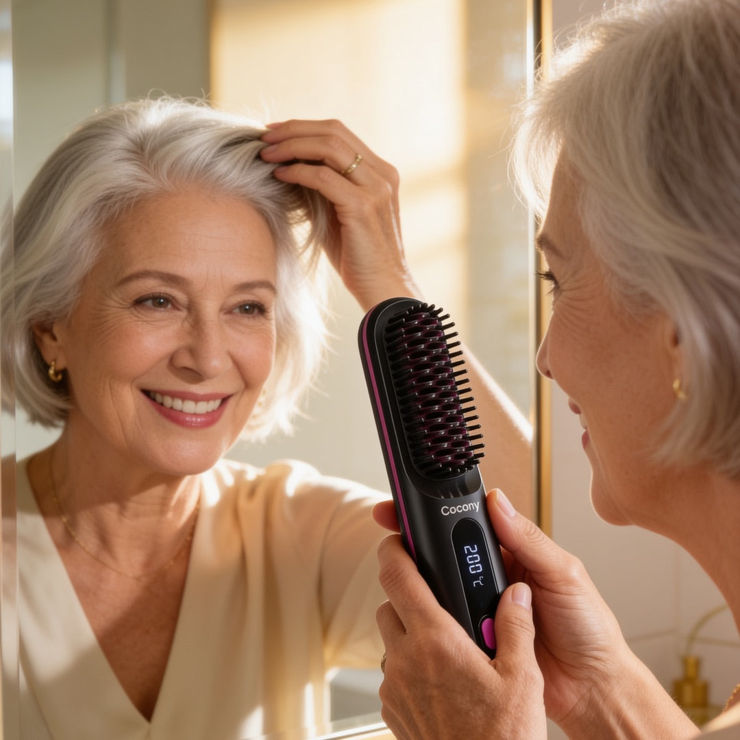 Woman styling her silver bob at the roots with the Cocoony brush