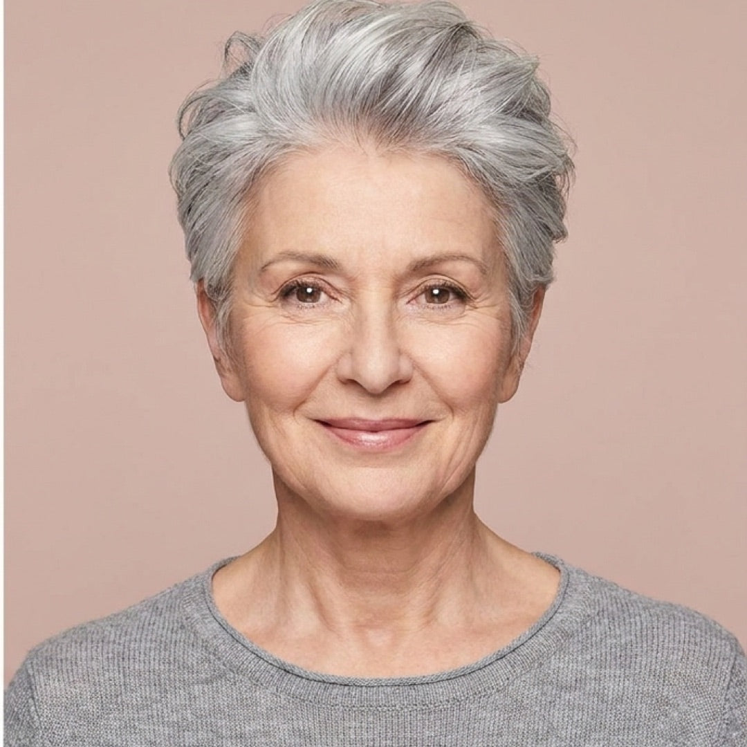 Short silver hair, full and shaped