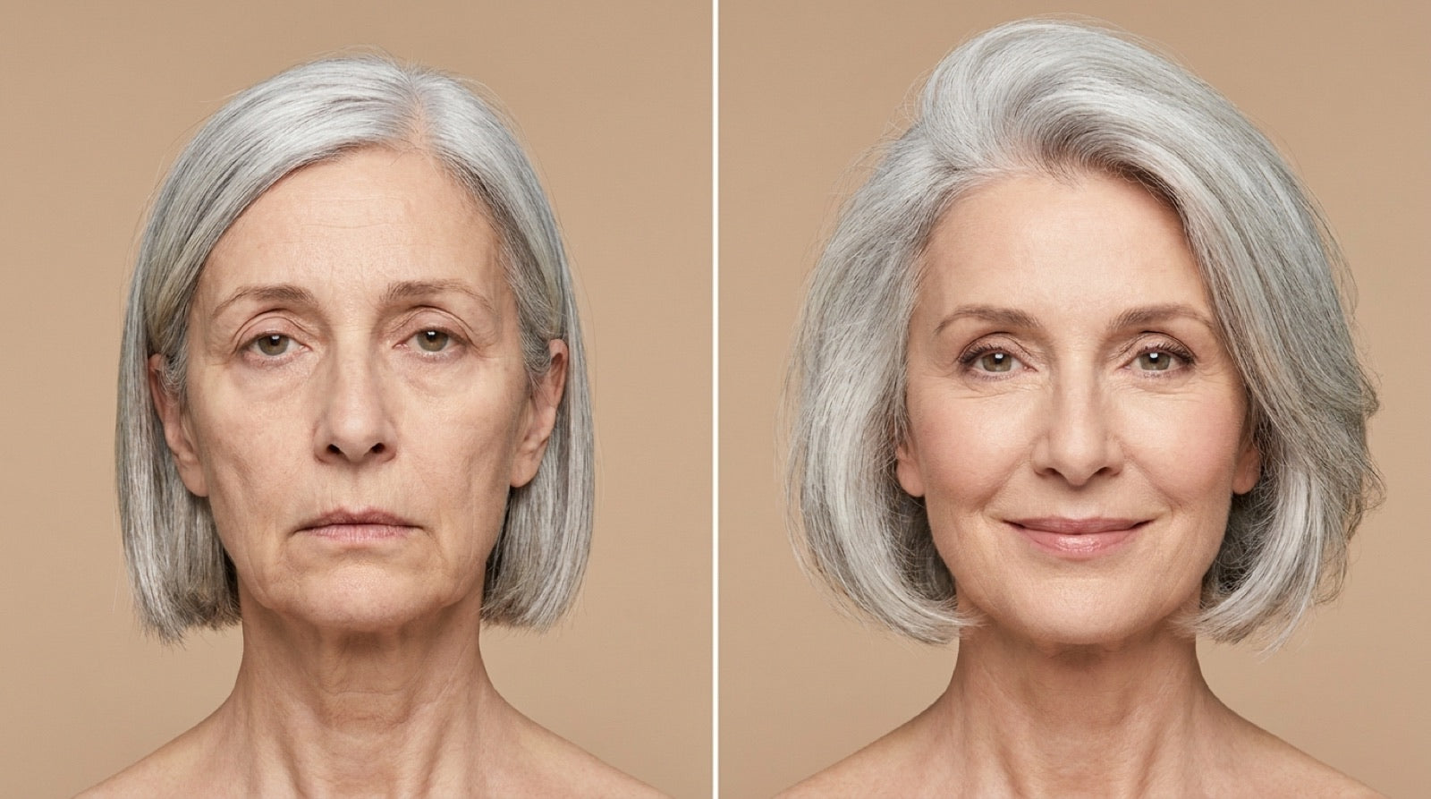 Same woman, flat gray hair vs voluminous gray hair