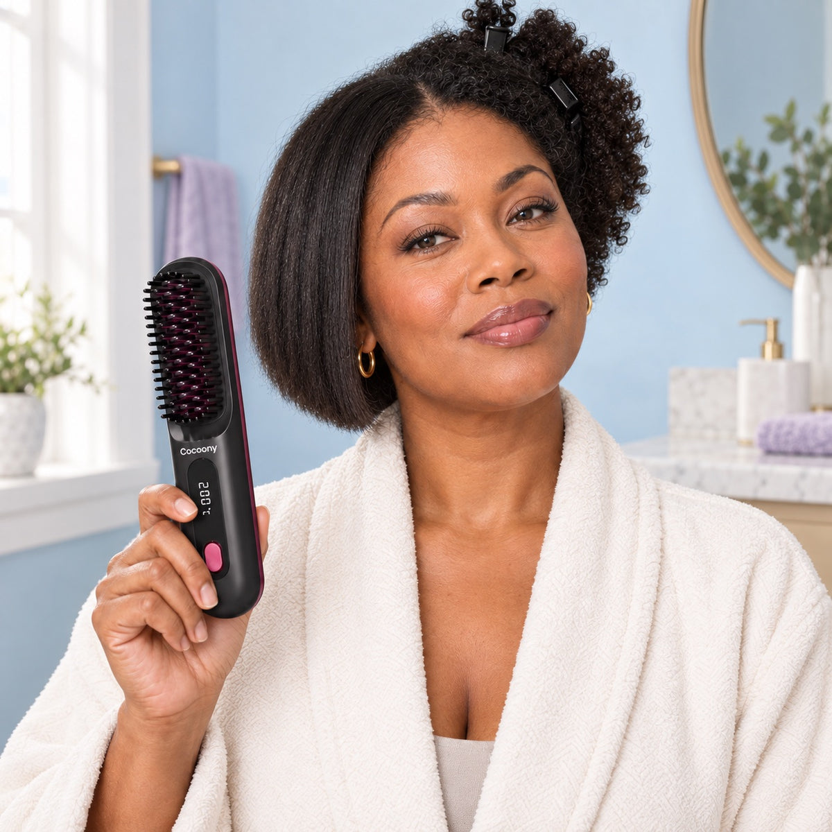 Brand illustration of a woman with short coily hair holding the Cocoony brush.