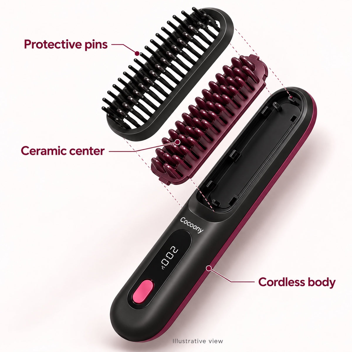 Illustrative 3D breakdown of the protective pins, ceramic center and cordless Cocoony body.