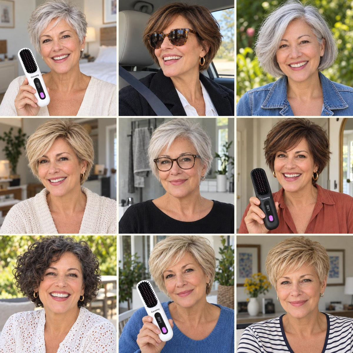 AI-generated brand imagery: nine women with warm smiles and varied upright poses; three holding the Cocoony brush