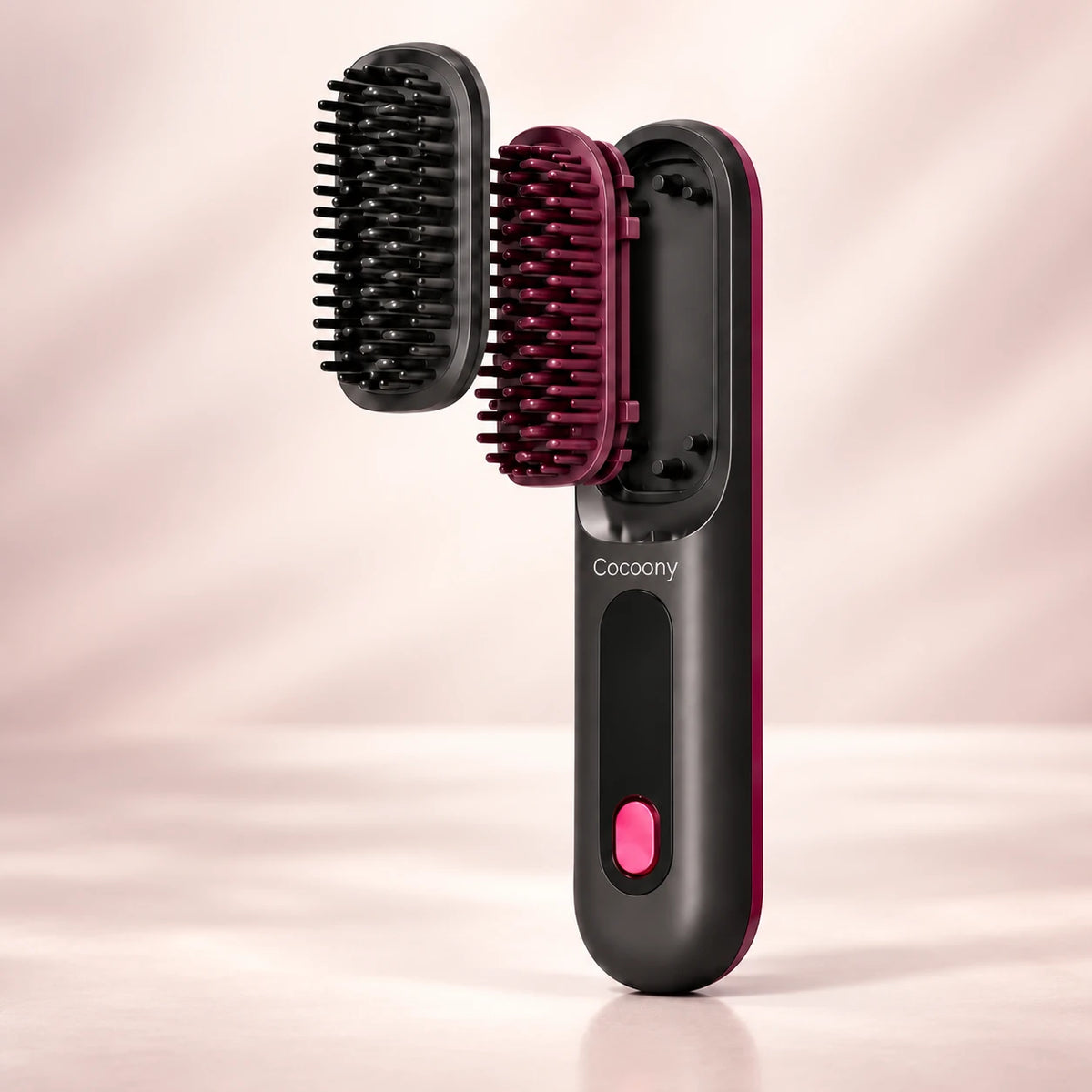 Exploded illustration showing the protective outer pins and heated ceramic center of the Cocoony brush.