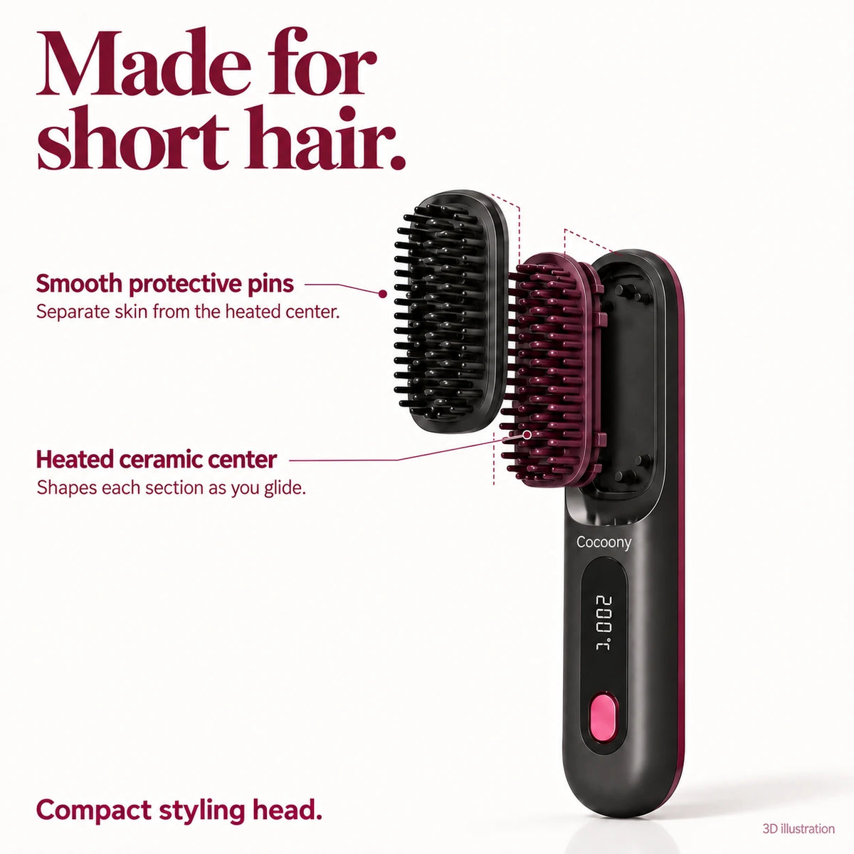 3D illustration of the Cocoony brush head, showing the protective outer pins and heated ceramic center.