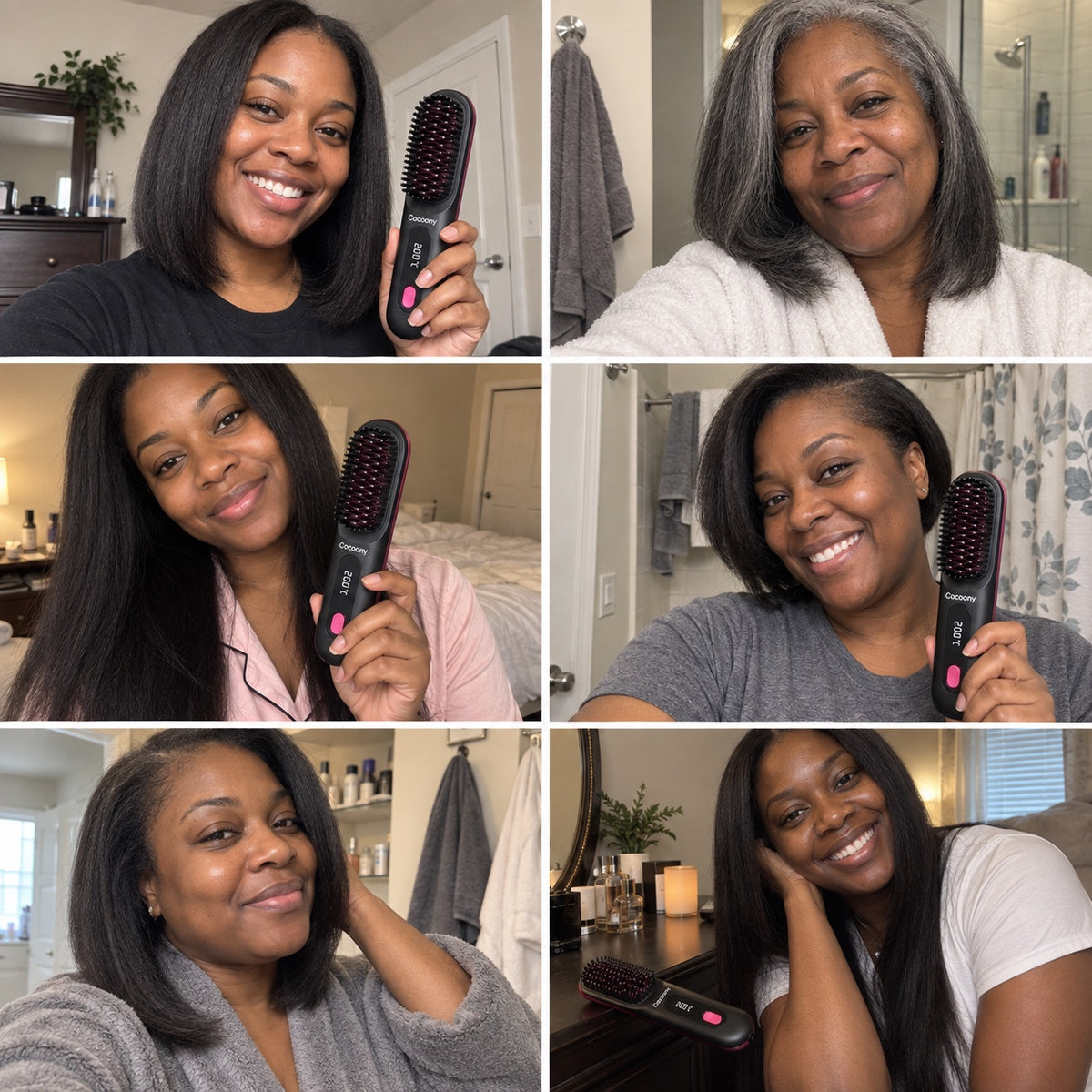 AI-created brand illustration: six Black women at home with smooth hairstyles and the Cocoony brush.