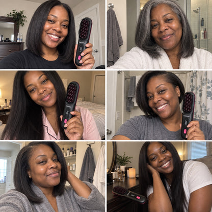 AI-created brand illustration: six Black women at home with smooth hairstyles and the Cocoony brush.