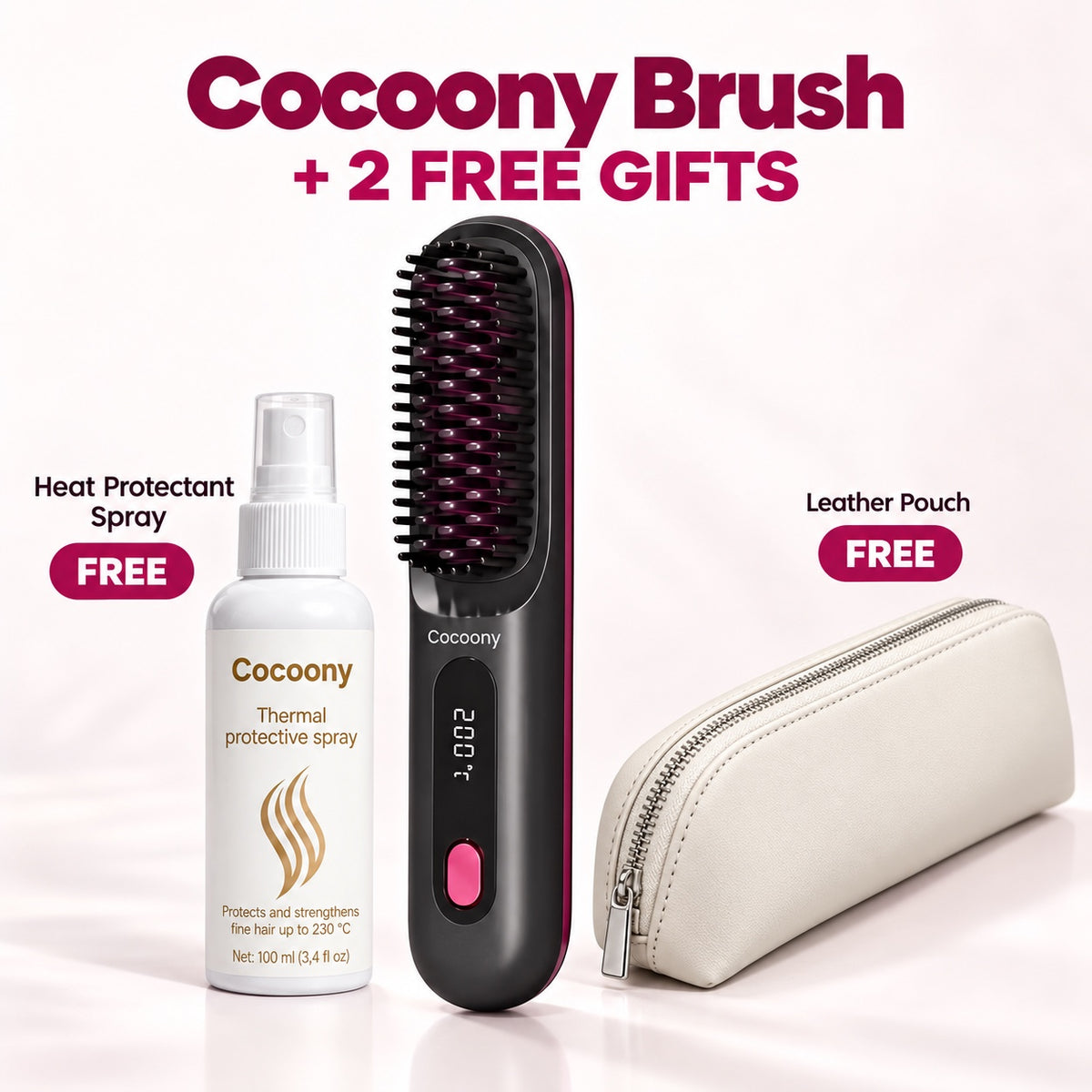 Cocoony cordless brush with two free gifts: heat protectant spray and leather pouch.