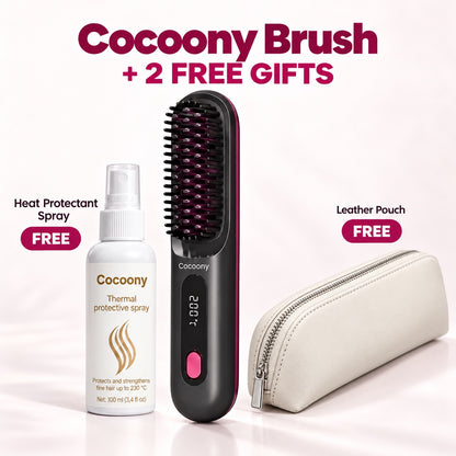 Cocoony cordless brush with two free gifts: heat protectant spray and leather pouch.