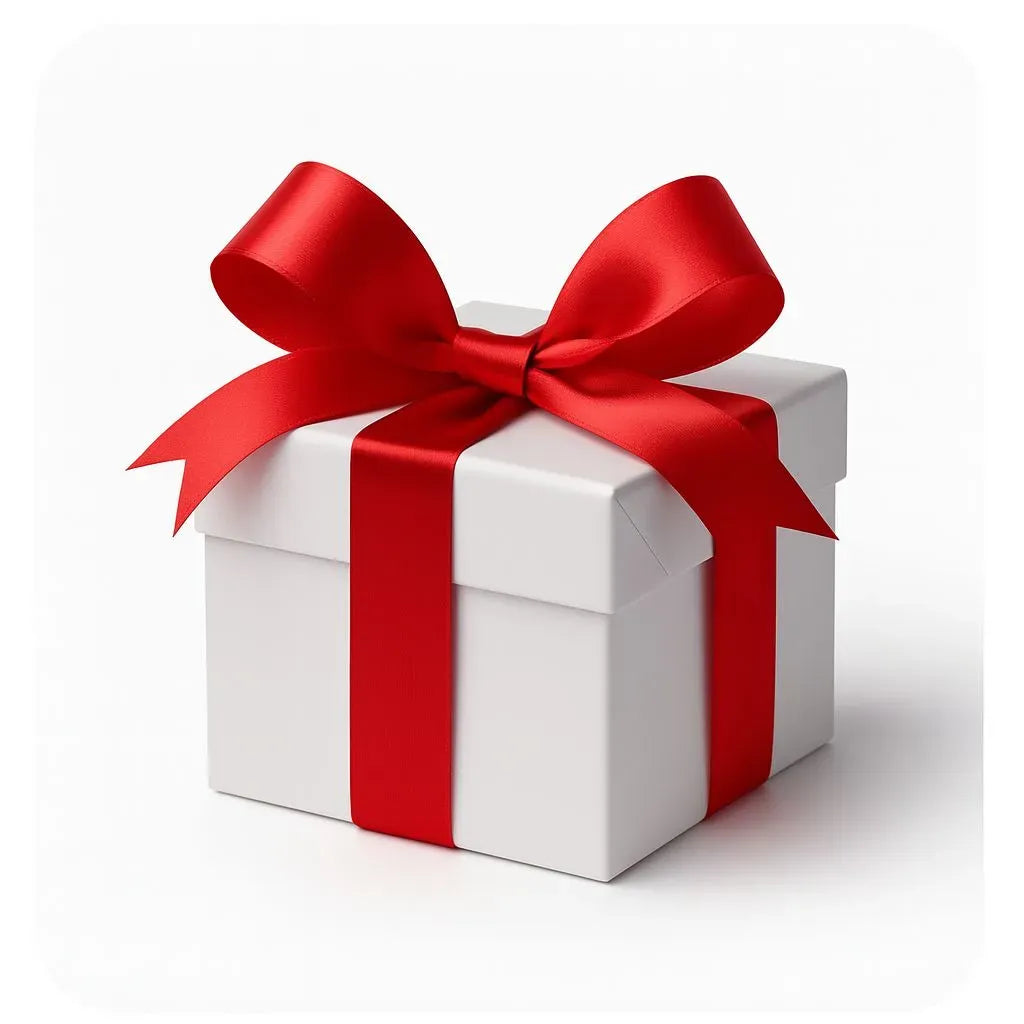 Mystery Gift — white gift box with a red ribbon